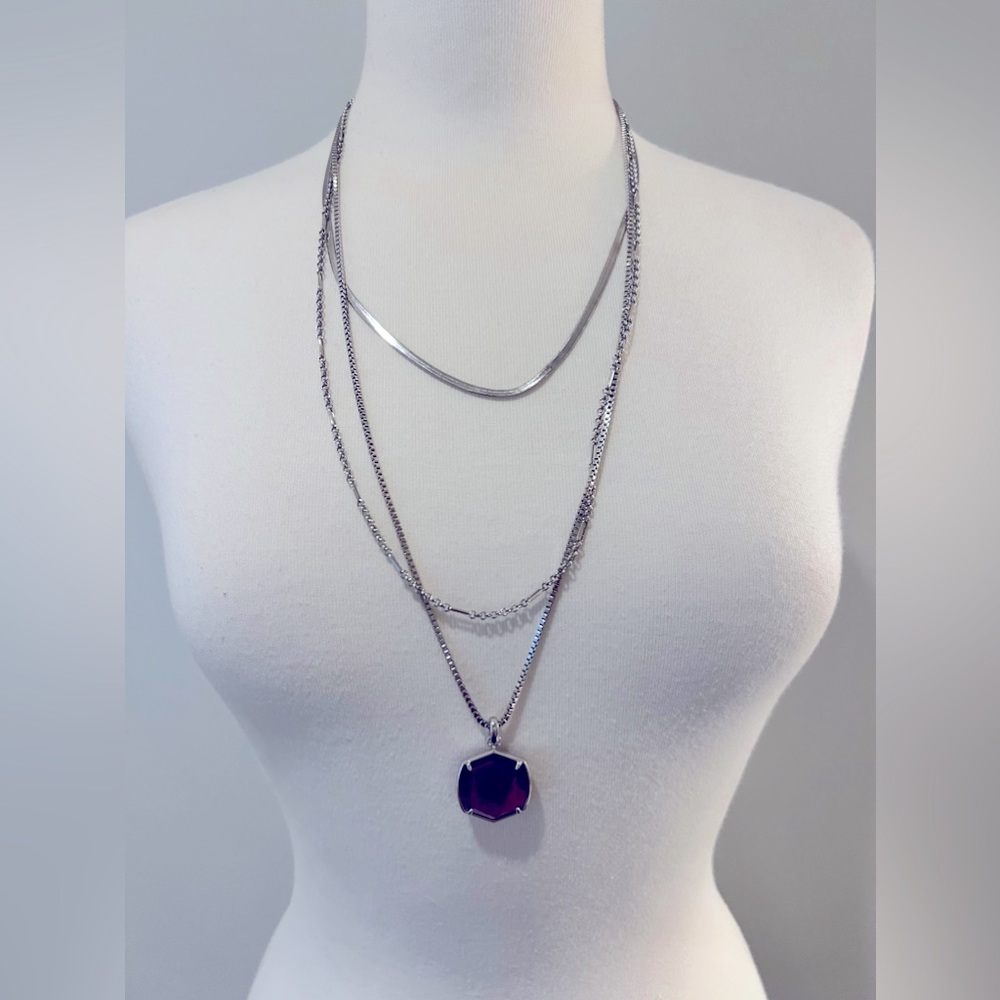 Kendra Scott Long Davis Triple Chain Necklace in Silver and Amethyst Purple